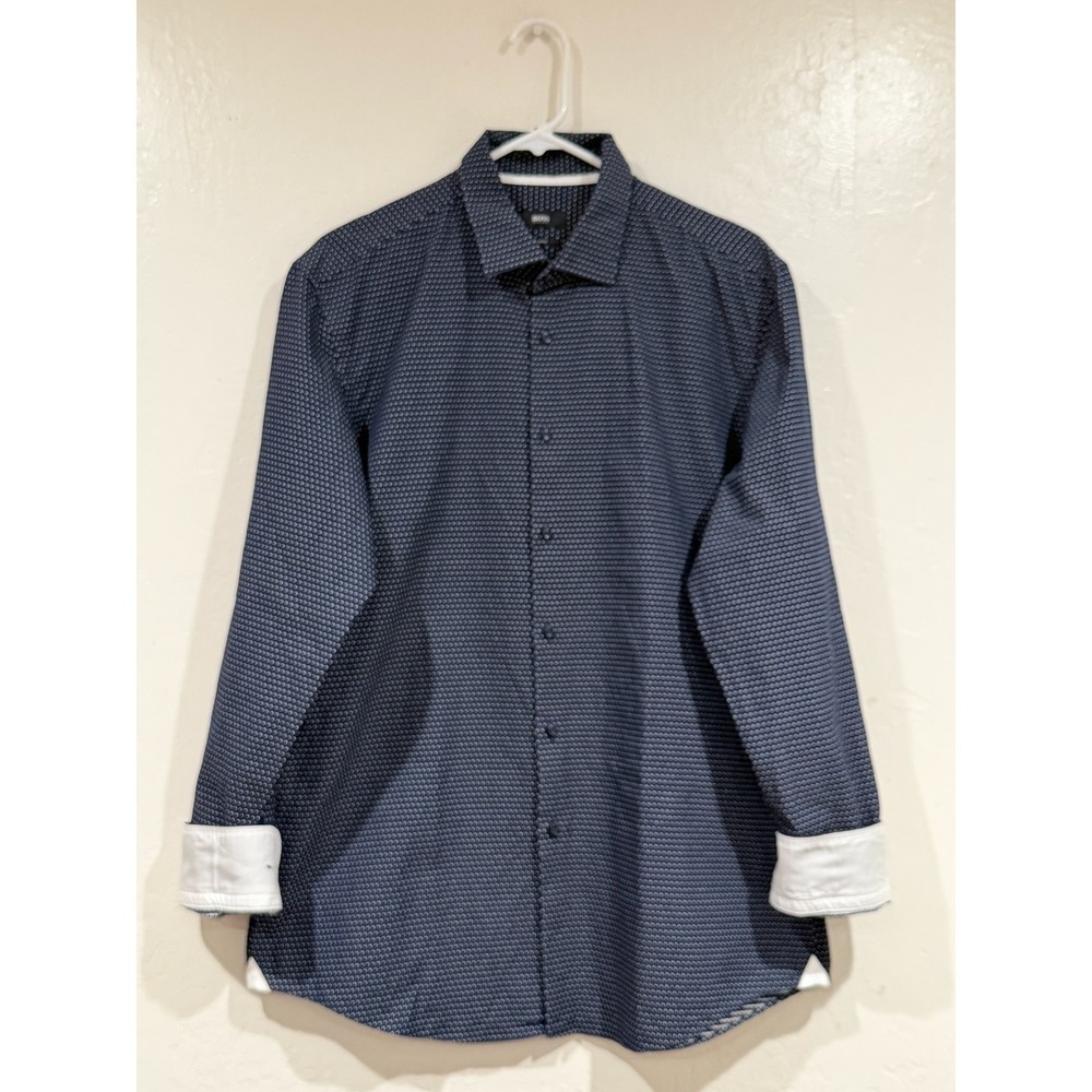 Hugo Boss Jesse Slim Fit Dress Shirt Navy Blue Geometric Dot Mens 17 43 L - Picture 4 of 11